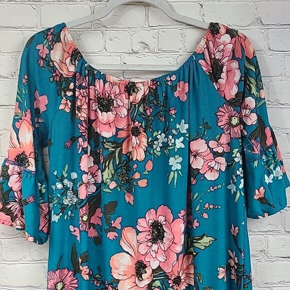 Anthropologie Uncle Frank Super Soft Teal Floral Print Ruffled Shift Midi Dress - Picture 7 of 10